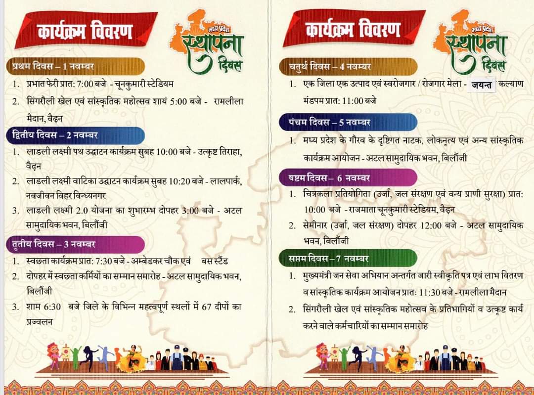 zpsingrauli's tweet photo. मध्यप्रदेश स्थापना दिवस के उपलक्ष्य में जिले में 01से 07 नवम्बर, 2022 की अवधि में आयोजित होंगे सात दिवसीय कार्यक्रम
@minprdd 
@JansamparkMP 
@CollectorSGL 
@saketmalviya36 
@PSingrauli 
@dmfsingrauli https://t.co/0lpU82ypzO
