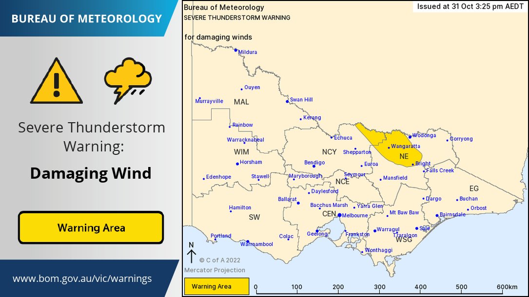 ⚠️ Severe Thunderstorm Warning for parts of NE Victoria issued ⚠️ Severe thunderstorms causing damaging wind gusts are likely this afternoon in northeast Victoria. Latest warnings: ow.ly/Pmrb50Lpe4O @vicemergency @vicsesnews