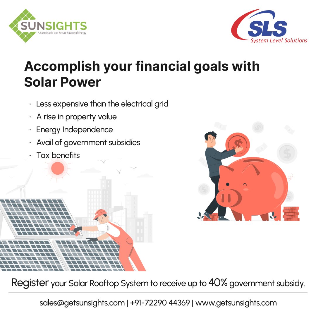 SunsightsSolar's tweet image. Did you know solar energy can help you accomplish your financial goals?

Connect with us for more information on installing Solar Rooftop Systems
📧 sales@getsunsights.com
📞 +91-72290 44369
🌐 getsunsights.com

#sunsights #systemlevelsolutions #switchtosolar #solarpower