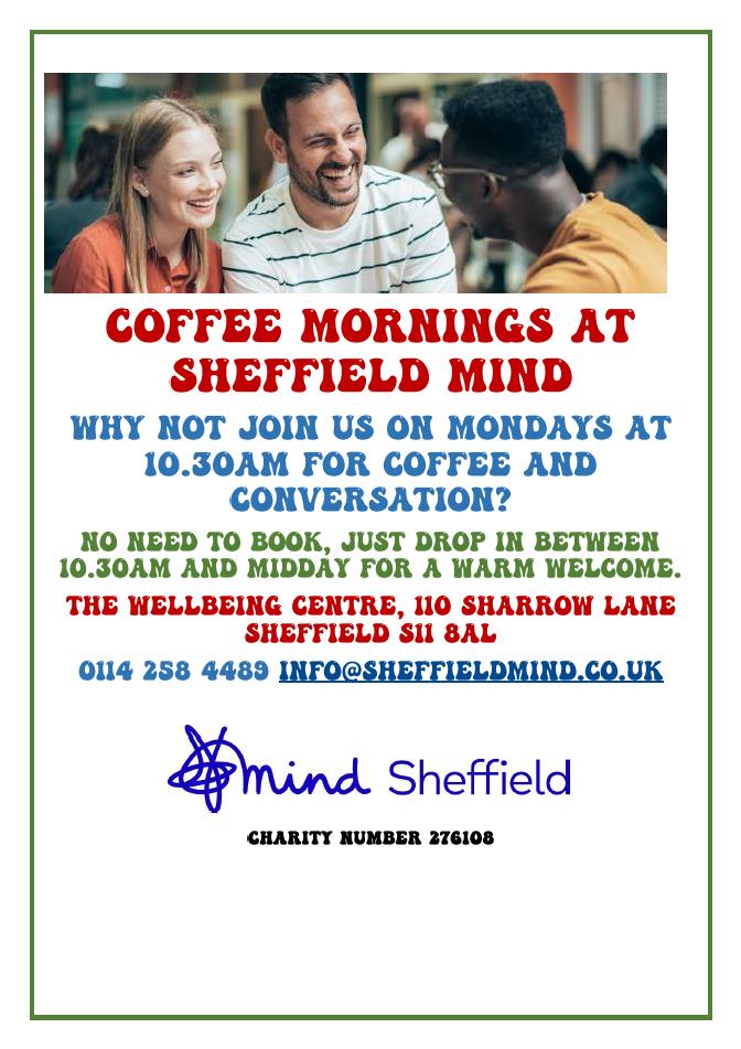 SheffieldMind's tweet photo. Mondays can be tough, even overwhelming for people, especially if you've lost structure in your life due to illness or other reasons. 
Our Monday Coffee Morning 10.30-midday is friendly &amp; supportive &amp; we guarantee a warm welcome. 
Dip your toe back in the water of soclialising❤️ https://t.co/kuzTitZzwq