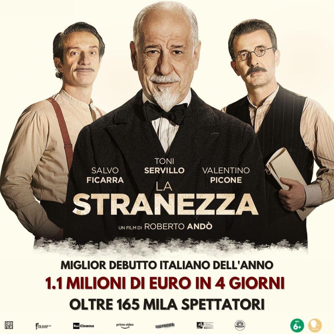 Trionfo per #LaStranezza: 1.1 milioni di euro in 4 giorni e oltre 165 mila spettatori. Orgogliosi di questo progetto, il miglior debutto italiano dell’anno, protagonista di una straordinaria domenica da 471mila euro con 69mila spettatori in sala!