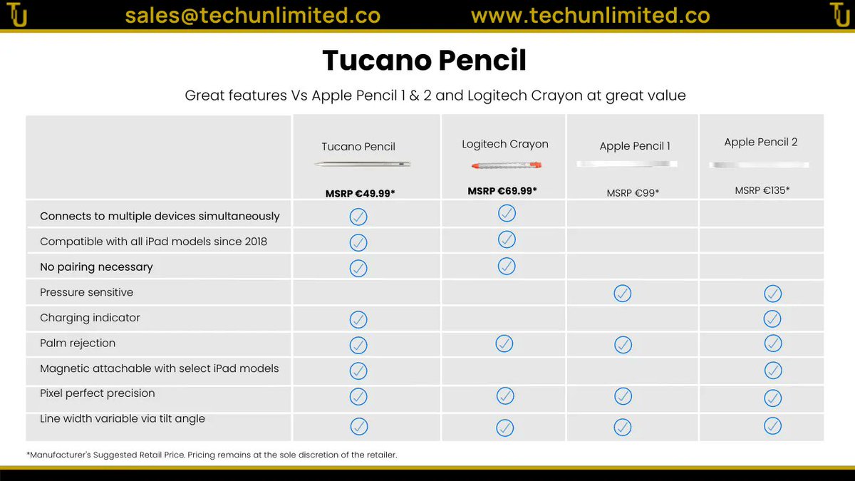 TechUnlimited_'s tweet photo. We thought we would make it easy for you to see why we are recommending the @tucano pencil ✏!

But not only can we not recommend the pencil enough – but we also can see why it’s been a phenomenal success for us 💪.

Talk to us today for a sample 👇:

sales@techunlimited.co https://t.co/WOPURJcony