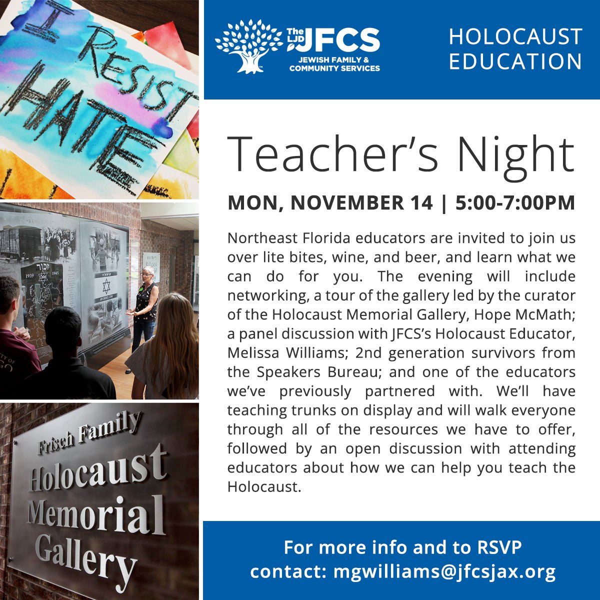 I’m part of hosting Teacher Nights at the Holocaust Memorial Gallery at @JFCSJax. It's a chance for educators-in traditional classrooms or in community settings-to hear from Survivors, tour the gallery, and explore resources we have for those doing the work of teaching truth. 1/3