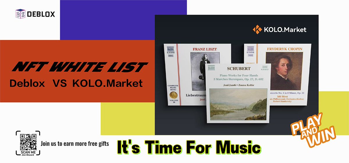 Deblox X KOLO.Market
The world’s 1st classical Music NFT platform. 
10 NFT WL
1. Follow <a href="/Debloxio/">Deblox.io</a> <a href="/KOLONFT/">KOLO.Market</a>
2. RT +❤️+Tag 3 fens
3. Join Deblox DC lucky draw
4. Join KOLO DC &amp; In General CHAN &amp; say:Hi, I'm from Deblox
discord.gg/d4nVMXXxey
24h
#Music NFT #NFTGiveaway