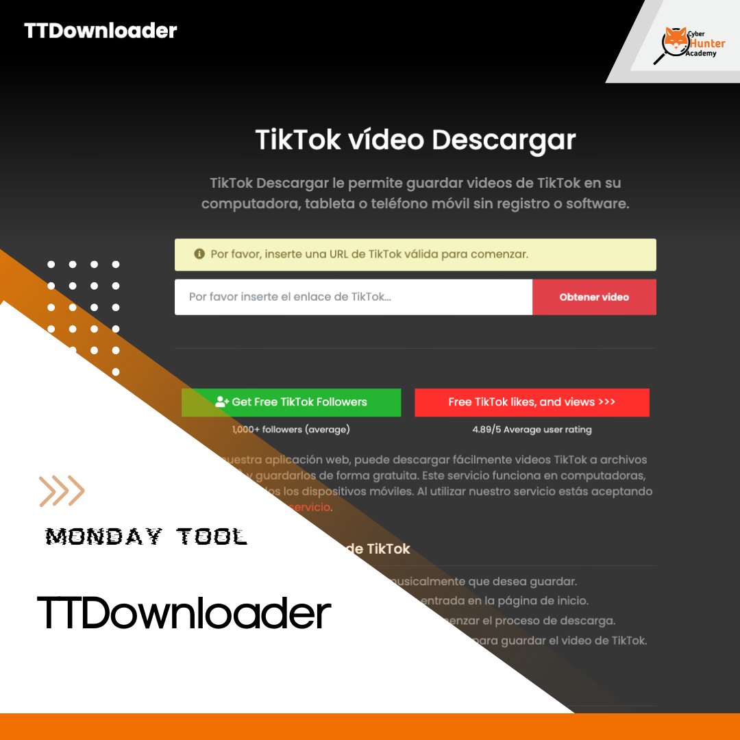 CyberHunterSec's tweet photo. 🔎 ¡Volvemos con otro Monday Tool! 🔎
Hoy toca hablar de una herramienta para realizar OSINT con cuentas de TikTok: TTdownloader.
#mondaytool #tool #cybertool #herramienta https://t.co/y4txov7YPE