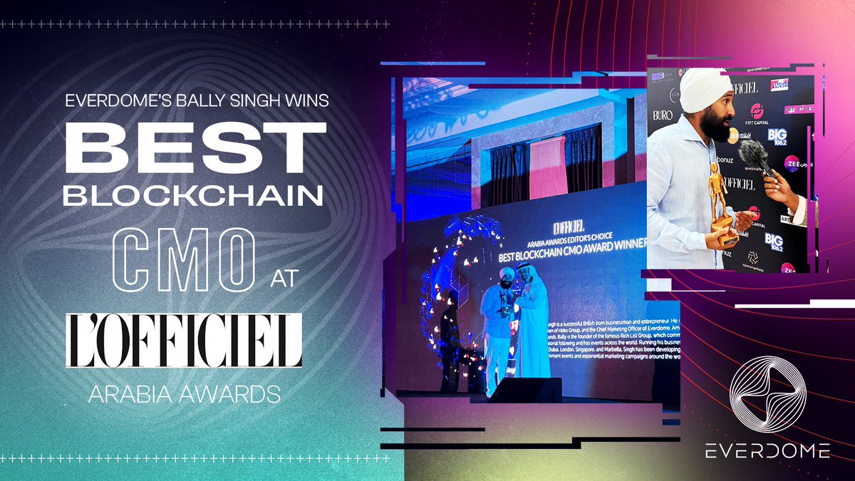 🏆 Everdome CMO, @richlistgroup wins the #lofficielarabia Best Blockchain CMO award at the #Web3evolve event. Congrats Bally🎉 Full article 👉 everdome.io/news/everdome'… #TheJourneyHasBegun