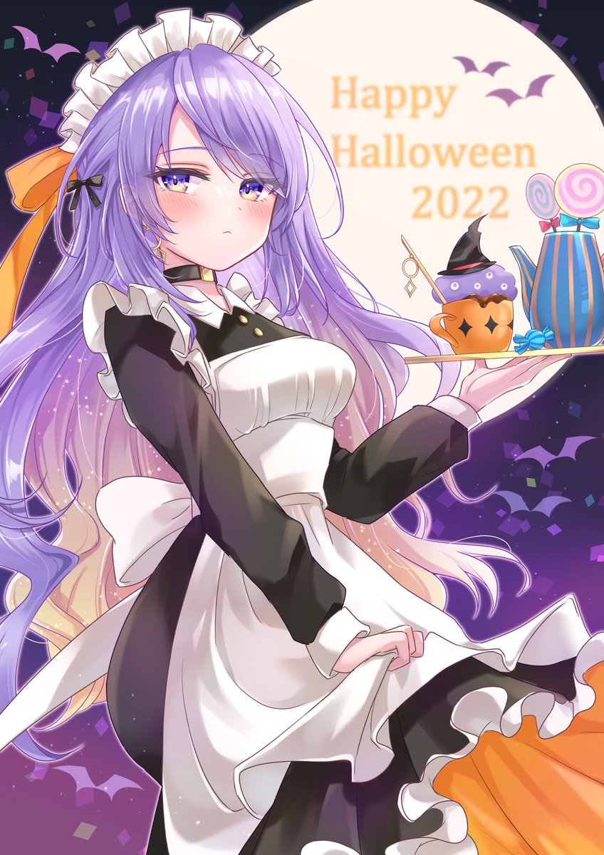 moona hoshinova 1girl maid maid headdress purple hair candy food purple eyes  illustration images