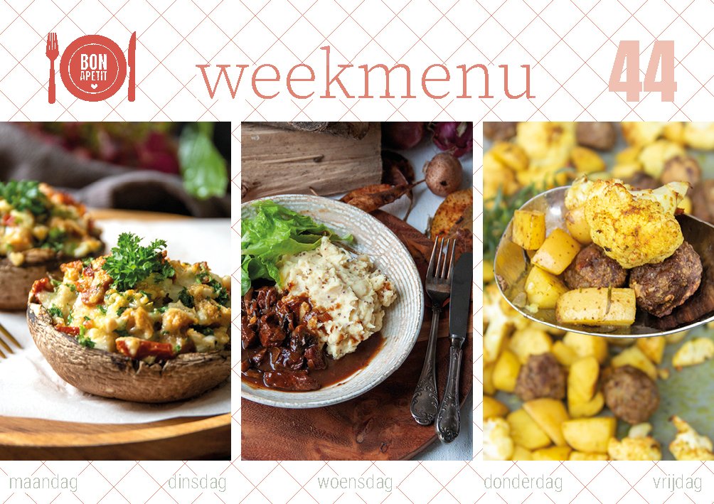 Ik heb voor jullie weer een #weekmenu vol met lekkere herfst #recepten. Wat dacht je van een #traybake met #bloemkool, een #herfstlasagne of een Italiaanse gevulde #portobello.  👩‍🍳🥔🍅🍲🍴bonapetit.nu/weekmenu/weekm…