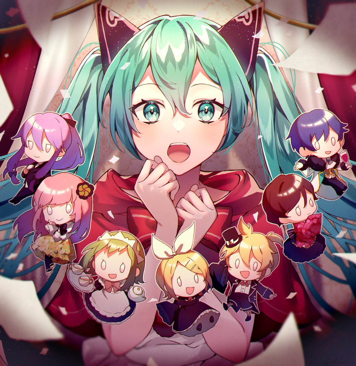 初音ミク ,鏡音レン ,鏡音リン ,カイト(ボーカロイド) ,巡音ルカ ,メイコ(VOCALOID) 「27曲目『 Bad∞End∞Night / ひとしずく×やま△ 』#100曲ボカ」|あきくり◆ご依頼受付中のイラスト