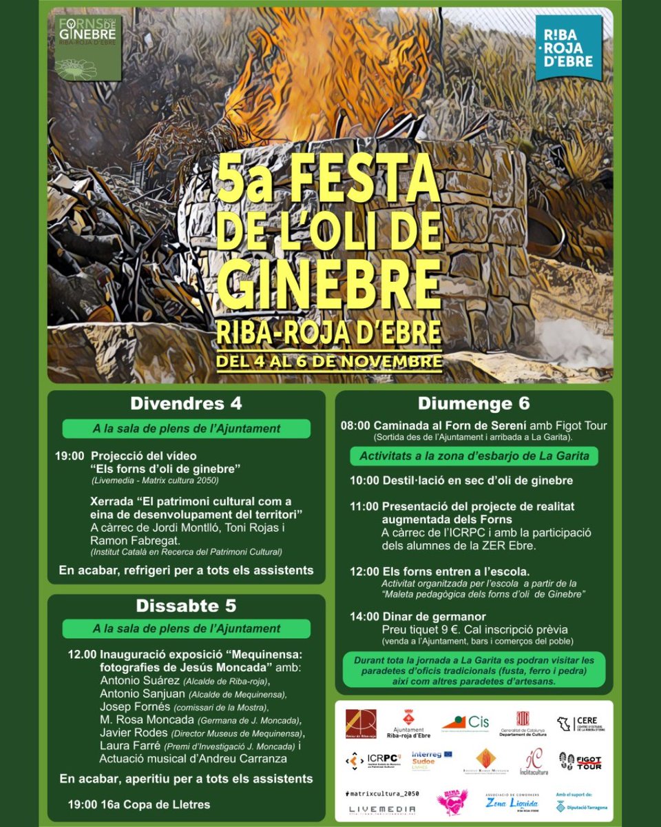 Livhes_Sudoe's tweet photo. 🇵🇹
📢 Encorajamo-lo a participar na 5ª Festa de L'Oli de Ginebre Riba-Roja D'Ebre (Festival do Azeite de Riba-Roja D'Ebre)
👉 Será realizada de 4 a 6 de Novembro.
E tem muito a ver com #ProyectoLIVHES e #IntangibleCulturalHeritage 👀
Estamos à sua espera! 👏 https://t.co/JWCTM2L1RM