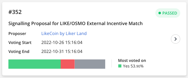 likecoin's tweet photo. 📣 Proposal 352 on @osmosis - $LIKE / $OSMO external incentive match has passed!✅

Thank you all and much appreciation to validators and #cosmonauts who continue to show support ❤️

Let's keep the spirit of #DePub strong💪

https://t.co/RkKvTtzf36 https://t.co/q5ZZ40EU7G
