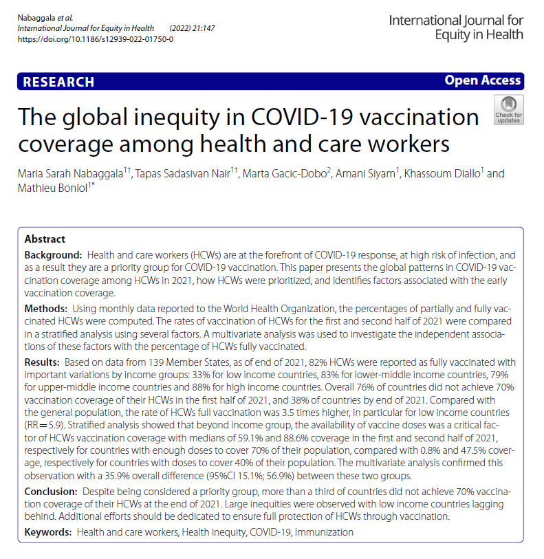 Happy to share our recent publication in @equityhealthj on the global inequity in COVID-19 vaccination coverage among health and care workers (HCWs), based on data reported by countries to @WHO . 🔗equityhealthj.biomedcentral.com/articles/10.11…