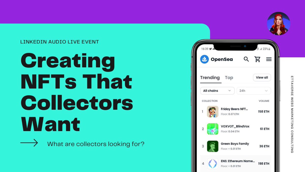 What are #NFT collectors looking for?

Join <a href="/BitcoinMadame/">Bitcoin Madame ☀️</a> &amp; <a href="/laubolgo/">Laura Bolaños G</a> TODAY at 17:45 UTC ⏰

With special guests:
✨OG Collector <a href="/Crypto4rt/">Cryptonite ☀️</a> 
✨#NFTLondon2022 Speaker <a href="/0xjck/">Jack 🎧</a>   

LIVE on LinkedIn 👇
linkedin.com/events/creatin…

#nftcollectors #nftcreator #nftinvestor #ettaversenft