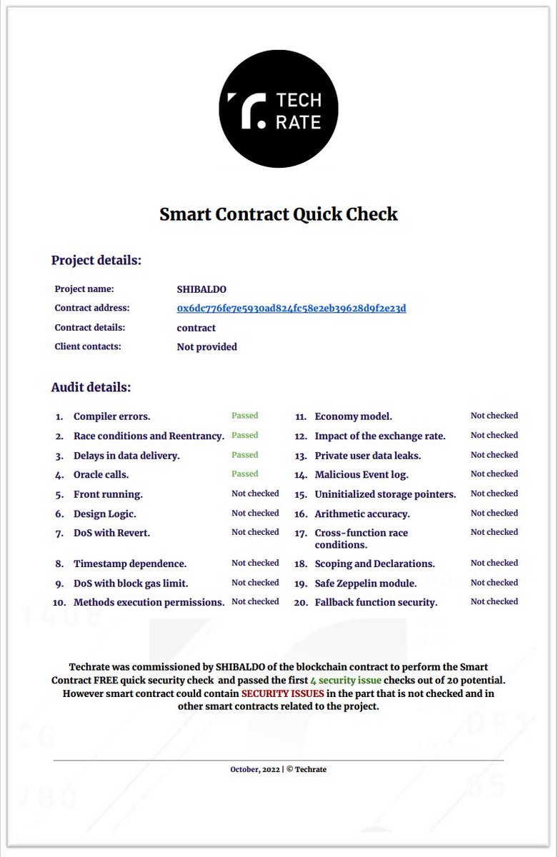🏆
$Shibaldo just passed Quick Check #Audit by #TechRate ! 

Now working on full Audit, so you can feel 100% safe with your #Shibaldo tokens ! 

$ZINU $FLOKI $SHIB $DOGE $WCI $SANI $BONE $TSUKA $THE $HUSKY