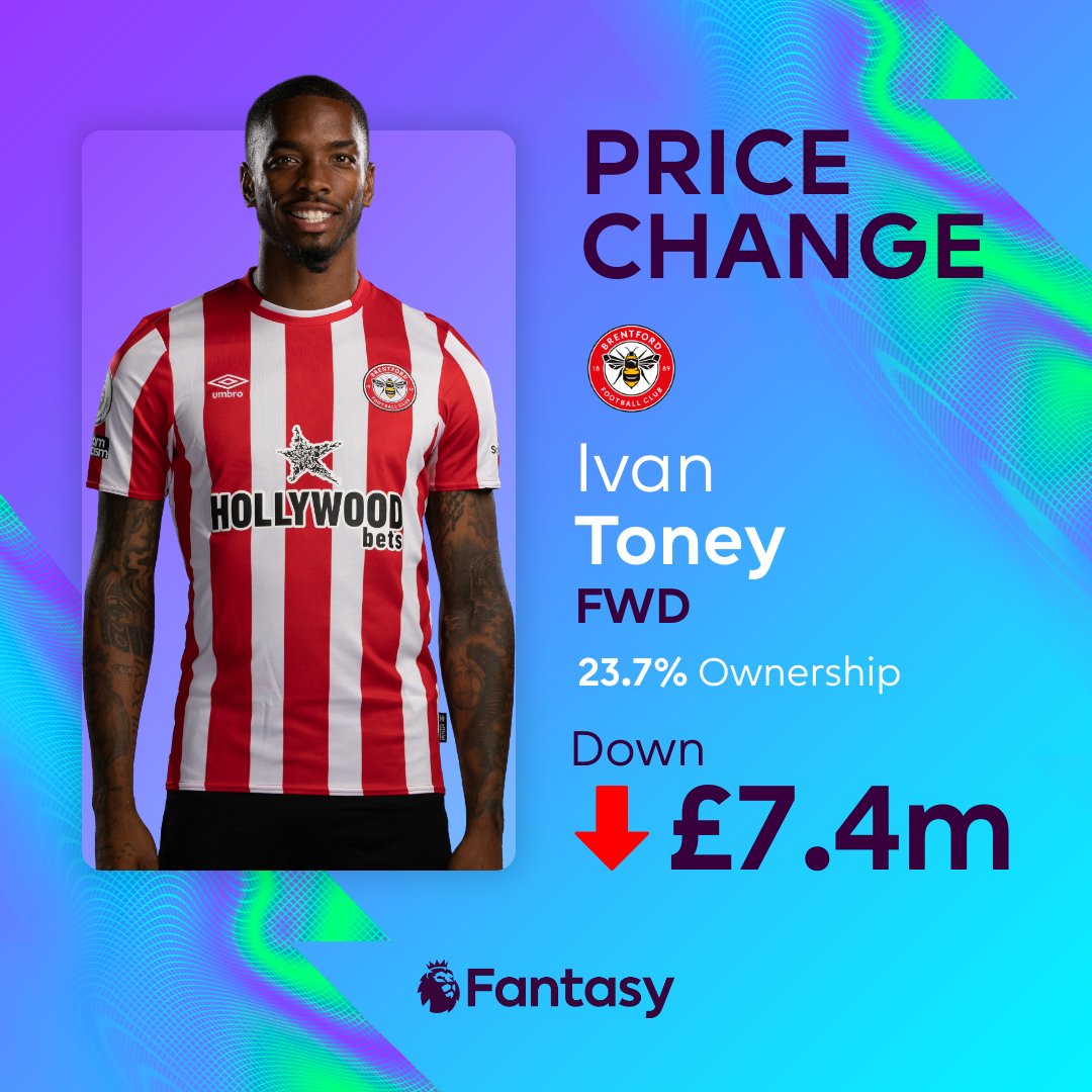 OfficialFPL's tweet image. 📉 Ivan Toney is an #FPL price faller 📉