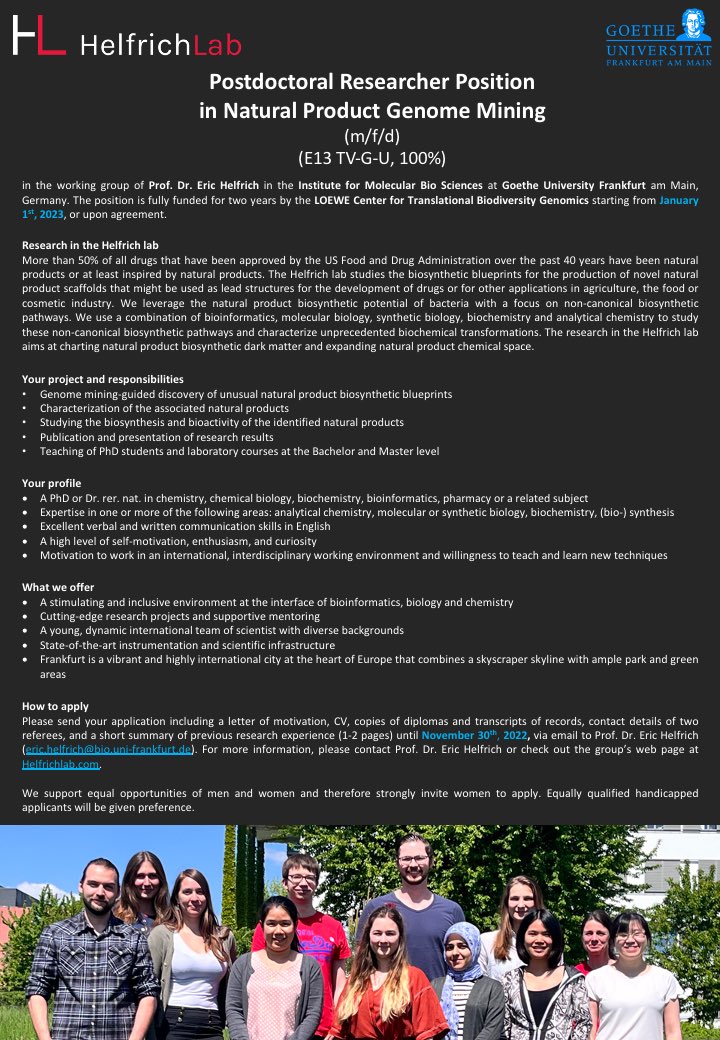 We are #hiring! We have two fully funded #postdoc positions available from Jan2023! 

Our research at the interface of bioinformatics, synthetic biology and analytical chemistry aims at characterizing non-canonical #naturalproduct biosynthetic pathways! 

Please share and RT!