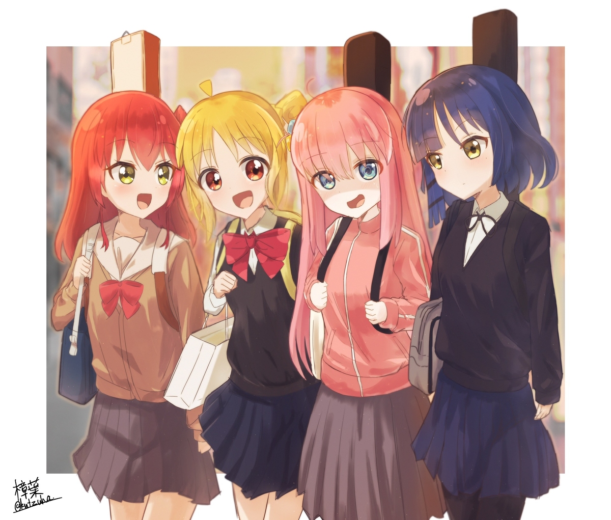 gotou hitori ,ijichi nijika 4girls multiple girls instrument case school uniform cube hair ornament skirt red hair  illustration images