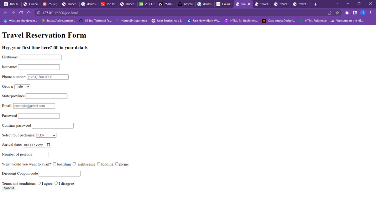 Zoeyintech_'s tweet photo. #day13of100daysofcode
I created a travel reservation form with html only. I learned so much while doing this. Started learning CSS also...
#FrontEndDeveloper
#SoftwareDeveloper #SoftwareEngineer #100daysofcoding https://t.co/NjQC0fD1bp