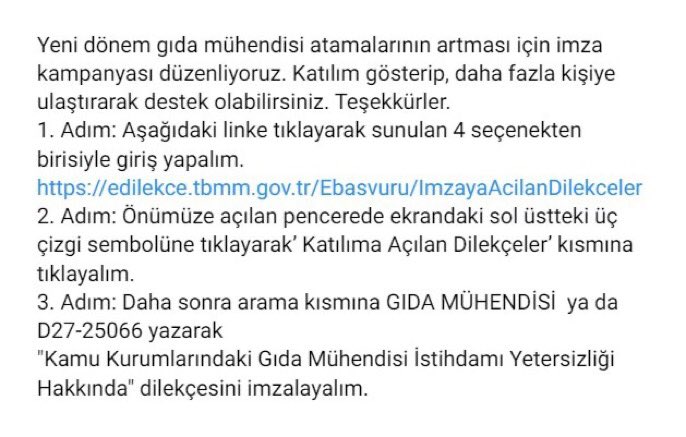 Atama bekleyen gıda mühendisleri olarak kamuda istihdamımızın artması için bir imza kampanyası düzenledik, bize destek olur musunuz? 👇🏻 
edilekce.tbmm.gov.tr/Ebasvuru/Imzay…