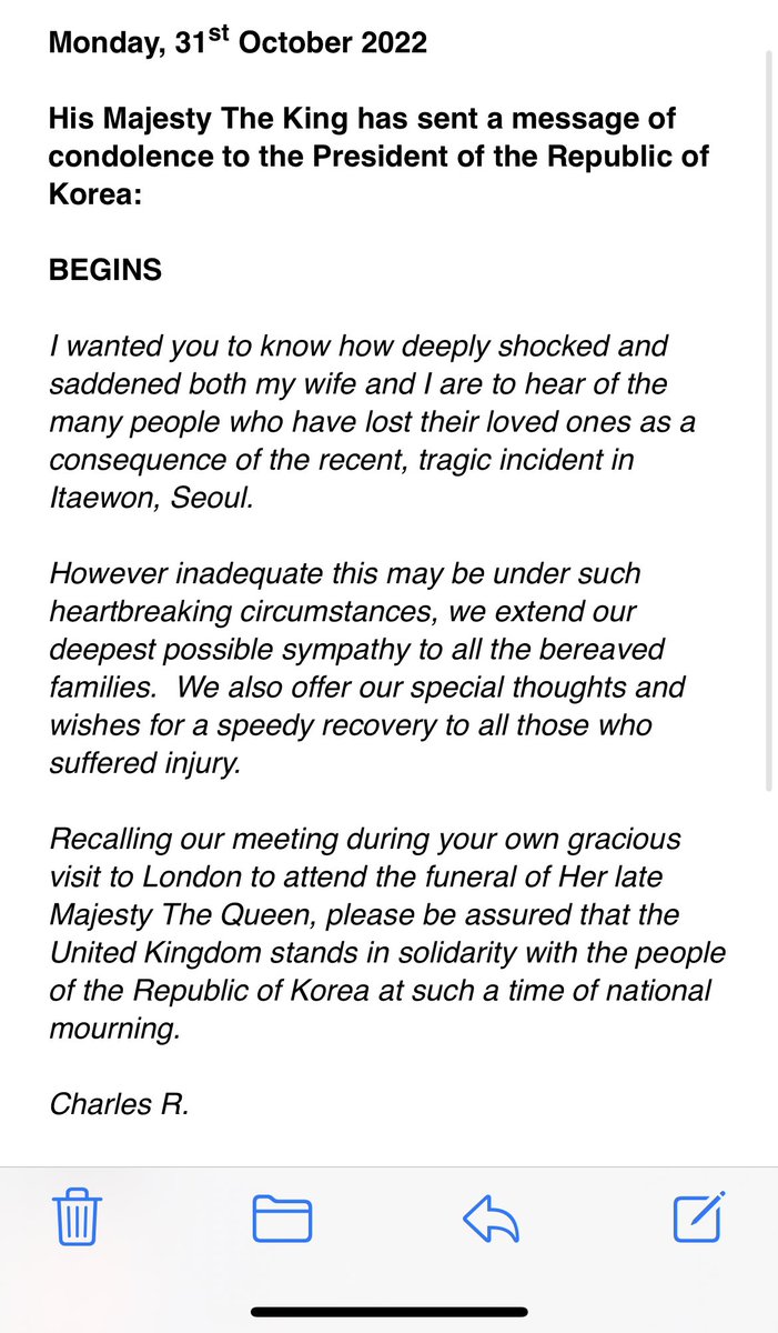 A message of condolence from His Majesty The King to the President of Korea regarding the weekend’s tragedy in #Seoul