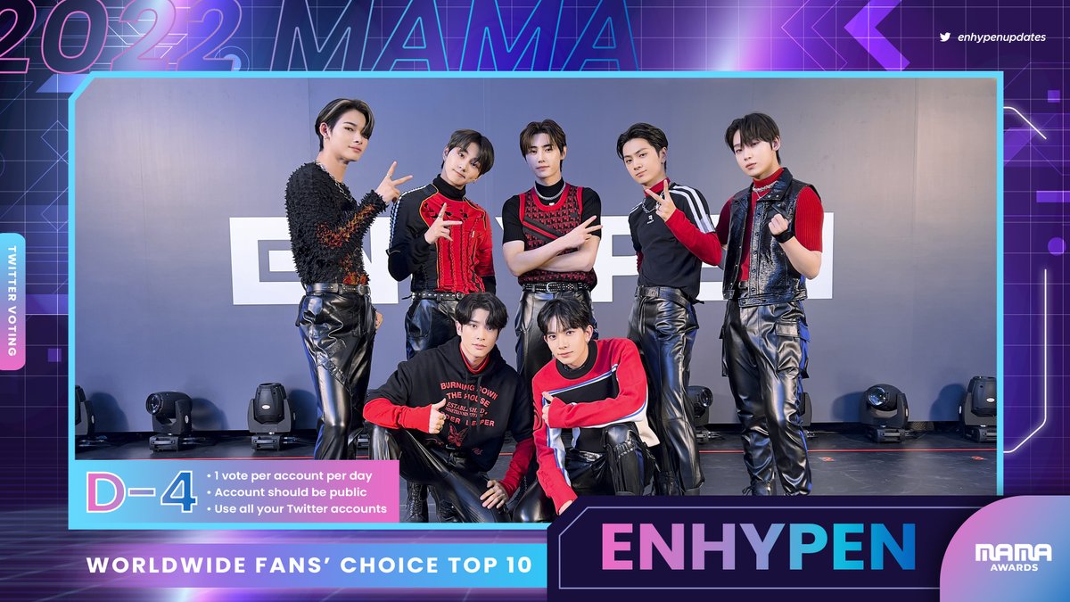 enhypenupdates's tweet image. [ 2022 MAMA VALID VOTE RESET | D-4 ]

For Worldwide Fans' Choice:
▶️ RT this tweet
▶️ Vote on the MNET PLUS website will ALL your accounts
▶️ Play 'Future Perfect (Pass the Mic)' on MAMA's Spotify Playlist for atleast 30 seconds

@ENHYPEN_members @ENHYPEN #MAMAVOTE #enhypen