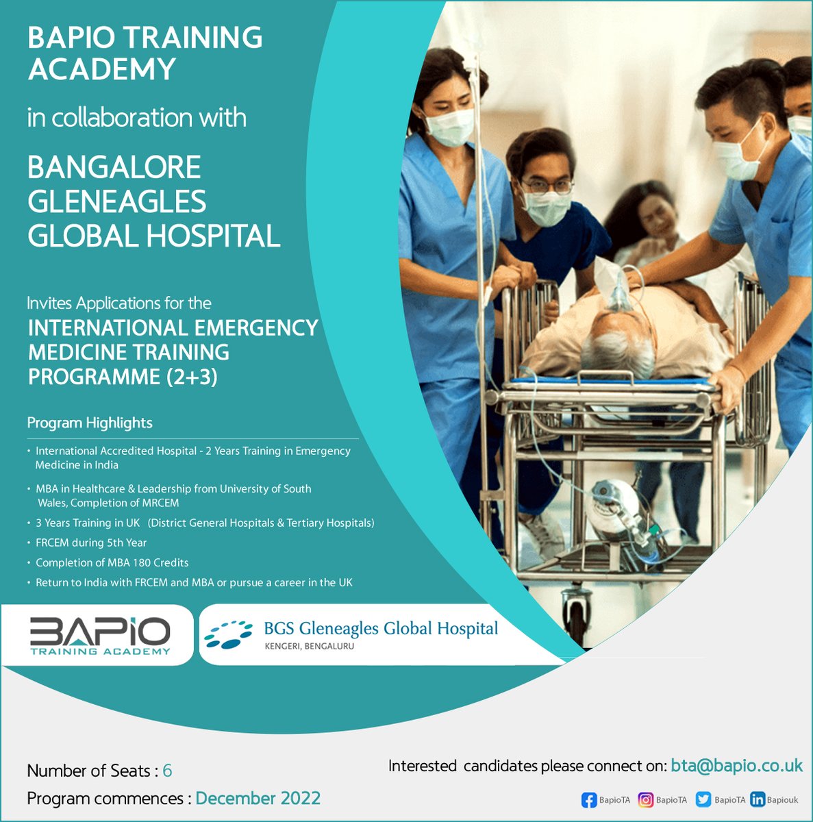 BapioTA's tweet photo. BAPIO Training Academy
in collaboration with
Bangalore Gleneagles global hospital
Invites Applications for the
International Emergency Medicine Training Programme (2+3)
Interested candidates please connect on:
bta@bapio.co.uk
or
logon to: https://t.co/YvuTd6wqmH https://t.co/D9D0owuXTd
