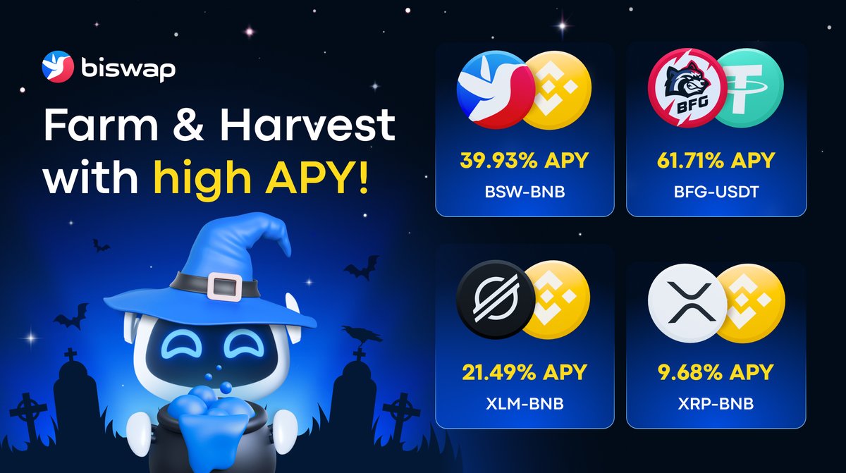 💀APYs are Monstrous High!💀 Check @Biswap_Dex Farms Whooo wants to gain more? 🏯bit.ly/3DqW9VD 🕸45.87% for $BFG - $USDT 🕸43.53% for $BSW - $BNB 🕸23.13% for $XLM - $BNB 🕸9.83% for $XRP - $BNB We put a spell on you to make more crypto! #BiswapDEX #DeFi