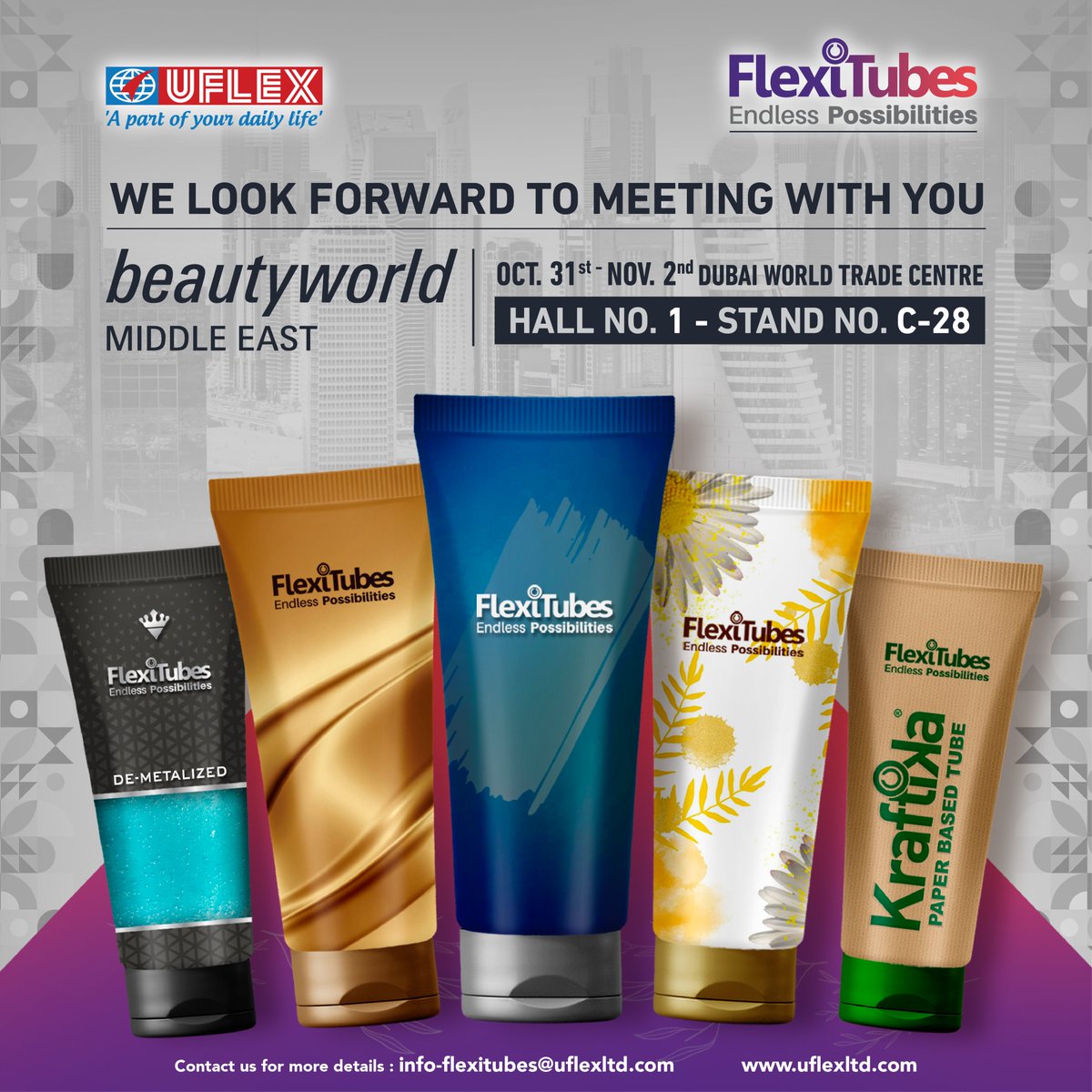 uflexltd's tweet photo. We are here at BeautyWorld Middle East in Dubai!
Visit FlexiTubes stall No C 28, Hall No 1 during 'beautyworld Middle East' from Oct 31 through Nov 2 to explore endless possibilities in tube packaging with FlexiTubes.
.
.
#UFlexForU #packedright #sustainability #packaging https://t.co/u2SZjmsQWA