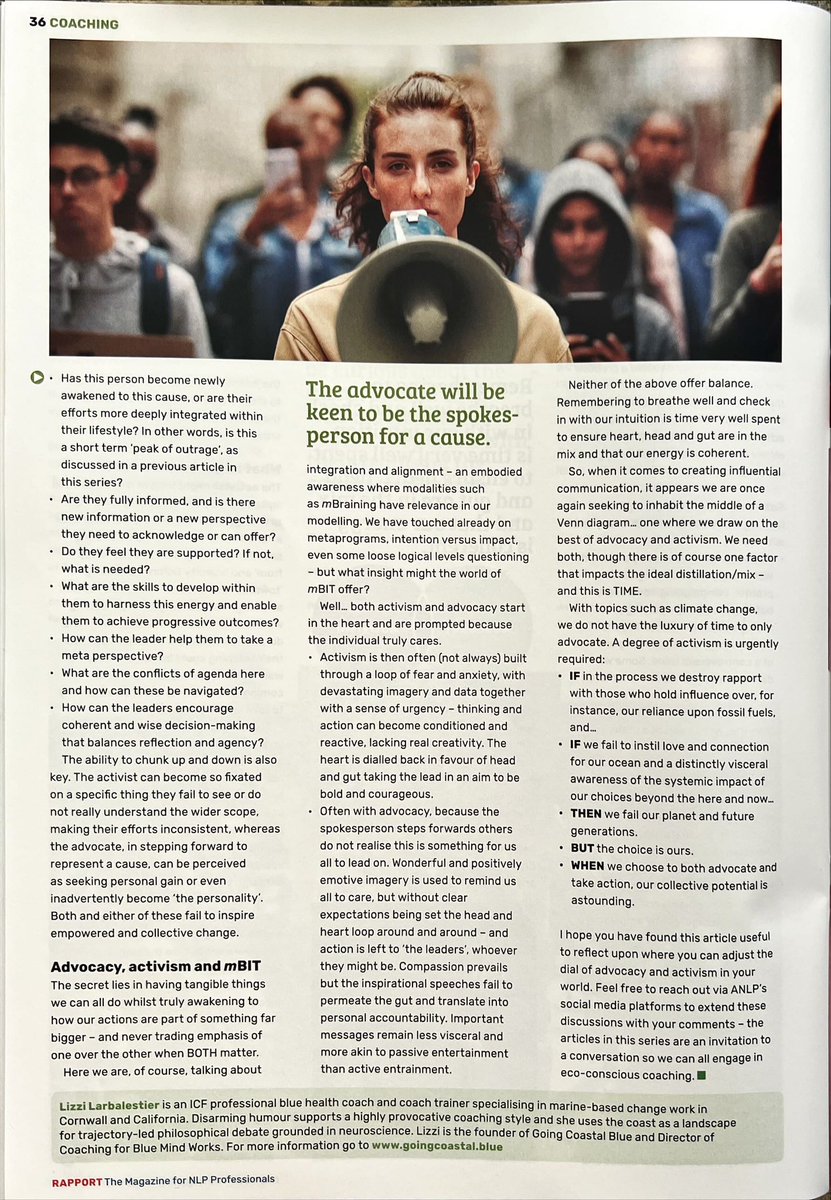 Lizzi_L's tweet image. Talking #Activism and #Advocacy. This article was written primarily for coaches and feature in the current Rapport Mag from @ANLP but as always the topic is more widely relevant.  If you are an NLP pro, join #ANLP for their professional community and vast array of resources.