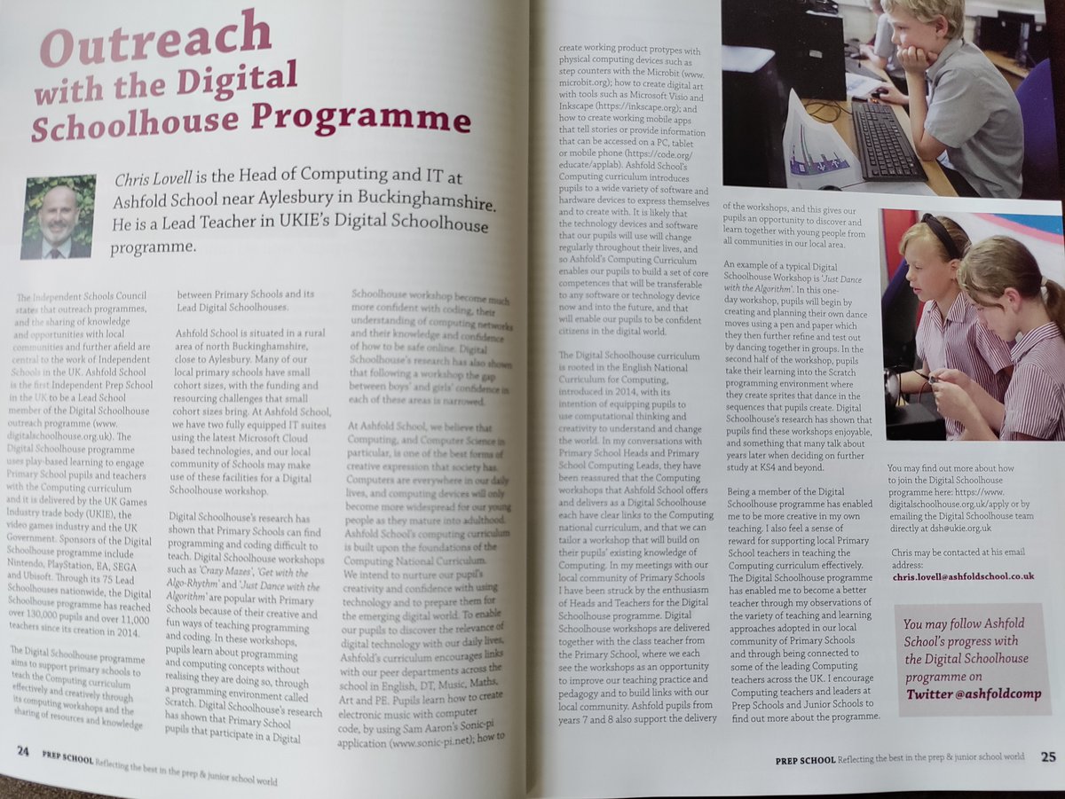 We are excited to be in this term's <a href="/PrepSchoolMag/">Prep School Magazine</a> and sharing our local primary school outreach programme as a <a href="/DigSchoolhouse/">Digital Schoolhouse</a> We would love for more schools to join us in delivering DSH's awesome creative computing workshops in 2023!📣👏💻😃@ashfoldschool