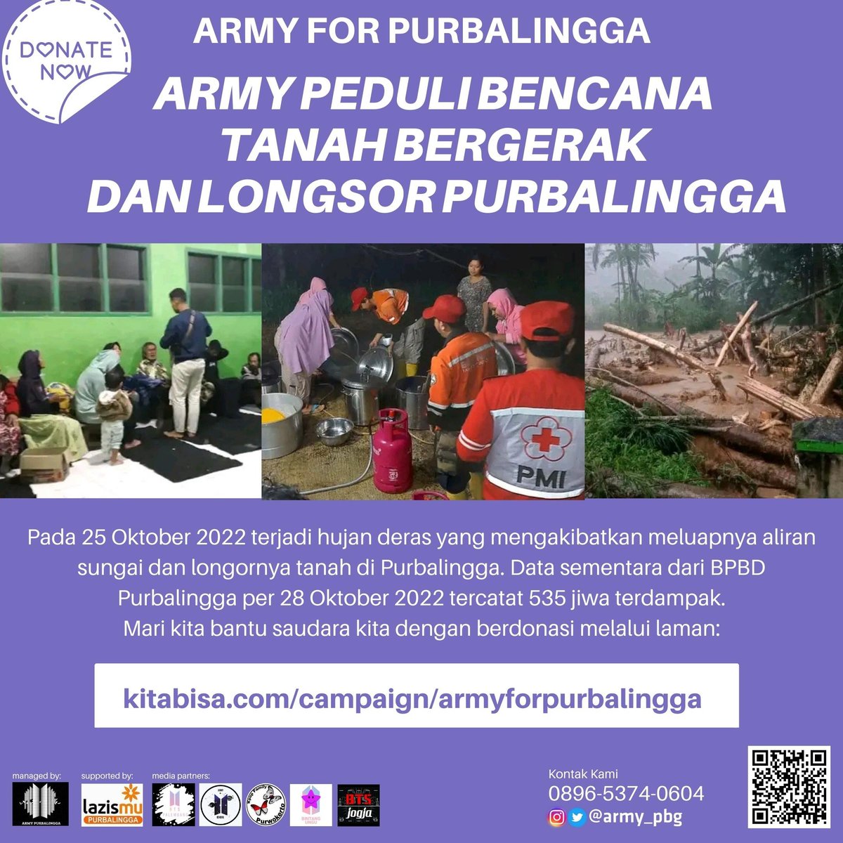 army_pbg's tweet photo. Project Donasi ARMY For Purbalingga

Perkenalkan kami BTS ARMY Purbalingga dalam kesempatan kali ini mengajak teman semua untuk membantu sesama warga Purbalingga yang terdampak tanah bergerak dan longsor di Purbalingga.

Link donasi (sampai 5 Nov 2022):
https://t.co/FXuyNq4OXh https://t.co/OAqKis0Uaa
