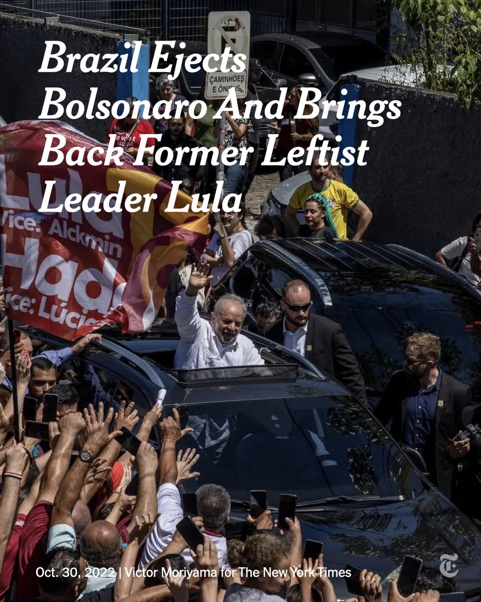 Luiz Inácio Lula da Silva beat President Jair Bolsonaro to win Brazil's election, officials said, after Bolsonaro served just one term.

The former leftist leader's victory was a rebuke of Bolsonaro’s far-right movement. nyti.ms/3gYDkl2