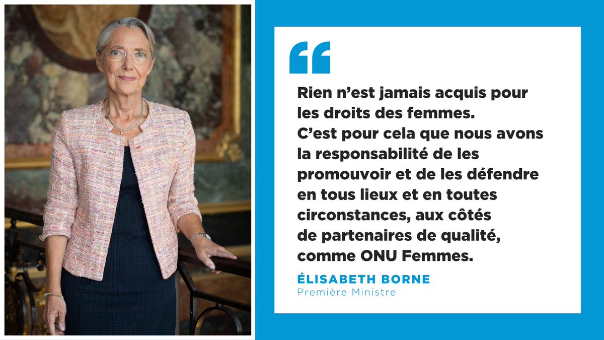 ONU Femmes est fière de son partenariat avec la France pour promouvoir l'égalité de genre et l'autonomisation des femmes dans le monde. Un grand merci à @Elisabeth_Borne pour son soutien au mandat d'ONU Femmes. @francediplo #FundingGenderEquality