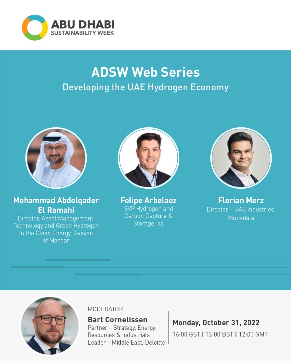 ADSWagenda's tweet photo. #ADSWWebSeries Developing the UAE Hydrogen Economy is live soon! Tune in with @Mubadala, @Masdar, @Deloitte, and @bp_plc to explore what it takes to build a hydrogen ecosystem.

📅Monday, October 31st
⏲️16:00 GST

Register now at https://t.co/OXqky0Em9m https://t.co/zGKxVoWm9I