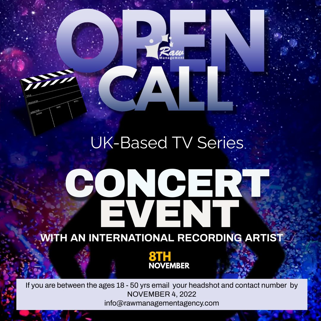 We are doing an OPEN CALL for persons interested in participating in the filming of a concert event with an international recording artist in Kingston on November 8th.  

If interested please send your headshot and contact details to info@rawmanagementagency.com

#opencall