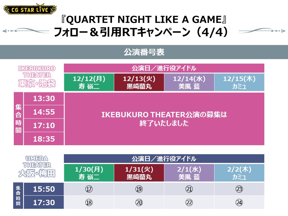 CGSTARLIVE's tweet photo. 【フォロー＆引用RTキャンペーン：梅田】
抽選で8組様を『QUARTET NIGHT LIKE A GAME』プライベート公演にご招待！

＜応募方法＞
１：@CGSTARLIVE をフォロー
２：この投稿の引用RTで感想と公演番号を記載
実施期間：12/15(木)23:59まで

応募規約
https://t.co/WGtI8bCQ9j

#utapri #CGSLforOnlyYou https://t.co/iY6jN7oYu8