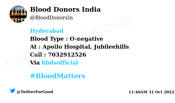 #Hyderabad Need #Blood Type : O-negative Blood Component : Blood Number of Units : 4 Primary Number : 7032912526 Patient : Shyam Sundar Illness : Surgery Via: @hbdsofficial #BloodMatters Powered by Twitter