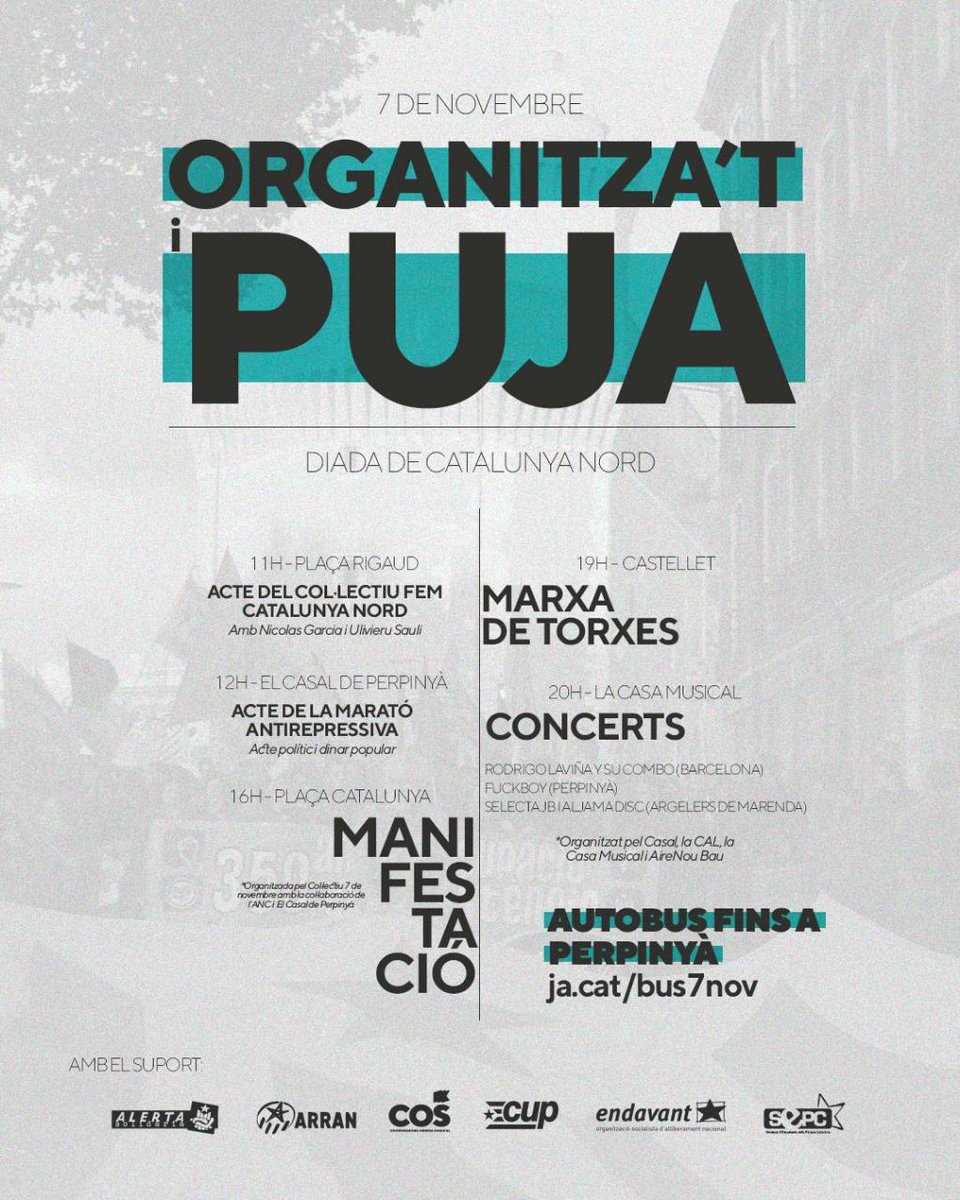 ❗No et despistis!

✊🏽 Aquest dissabte és DIADA!

Puja a Perpinyà i suma't a la construcció d'uns Països Catalans lliures! Agafa el bus de l'Esquerra Independentista 🚌⭐🚌⭐🚌⭐

Reserves 🚌 :
ja.cat/bus7nov