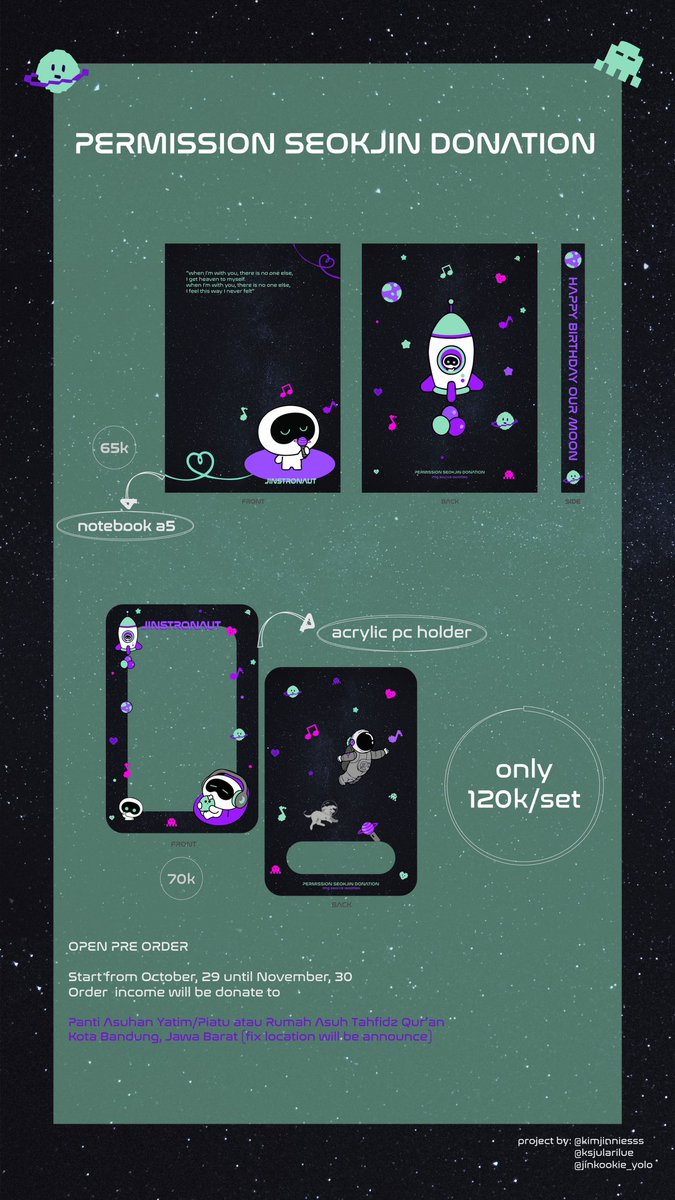 ksjularilue's tweet photo. HELLO, WE’RE BACK!!

•PERMISSION SEOKJIN DONATION •
PART II

Sebuah event donasi dalam rangka merayakan hari ulangtahun KIM SEOKJIN. Kalian bisa berpartisipasi untuk berdonasi dengan pembelian birthday kit berupa PC Holder dan Notebook (detail ada di poster). https://t.co/XUy7Decn6a