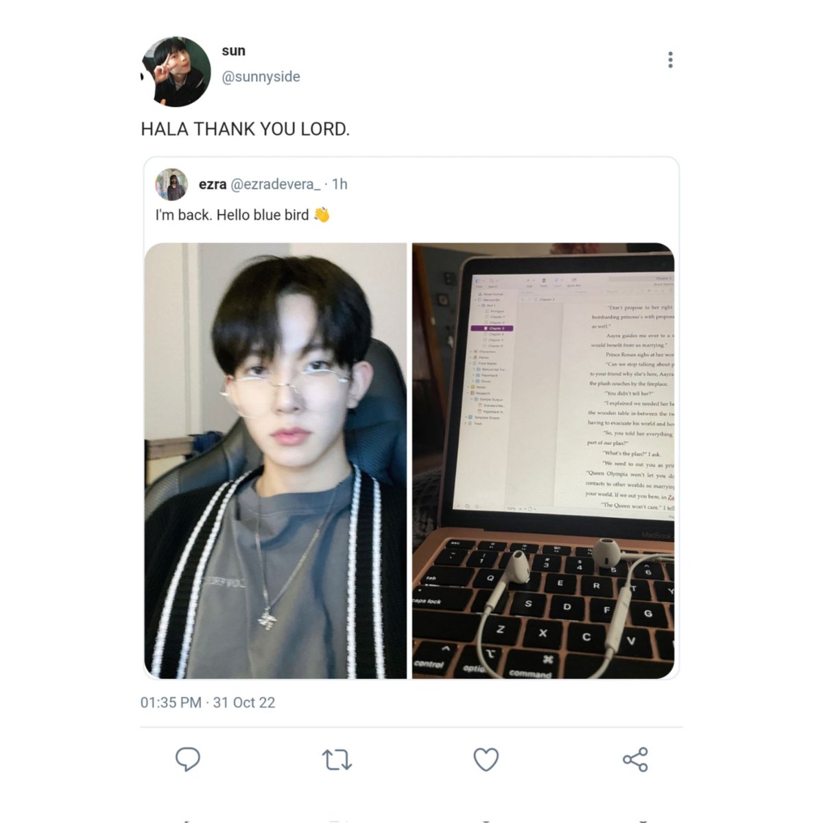 leehsdrafts_'s tweet image. — a #heesun au wherein... Sun (ksn) never expected that his long-time crush at ADMU, Ethan (lhs), and his favorite au author were the same person.