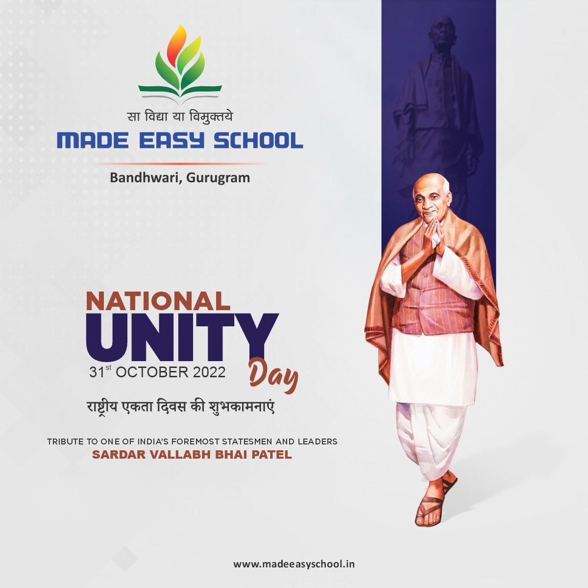 MADEEASYSCHOOLS's tweet photo. #NationalUnityDay day is celebrated to mark the birth anniversary of the Iron Man of India, Sardar Vallabhbhai Patel. A visionary leader with great knowledge, ethics, moral principles. Celebrate this day with heads held high and feel honoured to be a citizen of this great nation. https://t.co/KSVAfnw6o8