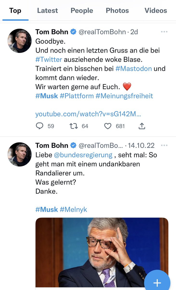 OckhamsC's tweet photo. Oh. Das muss dieser #ElonMusk-Effekt von #Meinungsfreiheit auf Twitter sein. Ich hatte mich schon gefragt, warum @realTomBohn so fast schon vernünftig still geworden war. Deutschlands #Liberalismusproblem ist vorrangig ein #Narzissmus- &amp; #Mimosenproblem #TomBohn https://t.co/UM9rpM8dOk