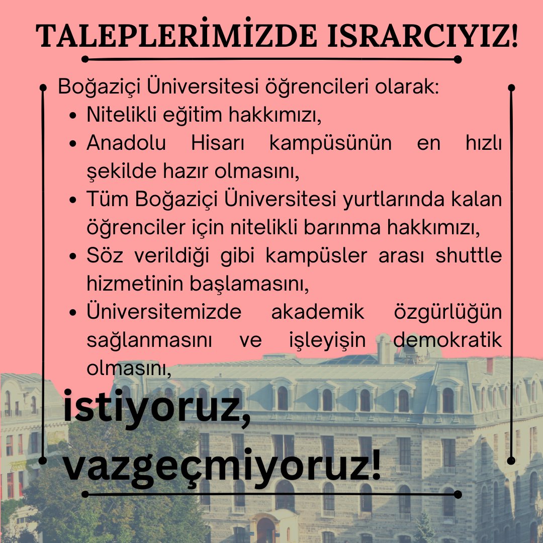 Israrcıyız, vazgeçmiyoruz!

#YönetemiyorsunNaci
#BogaziciUlasamiyor