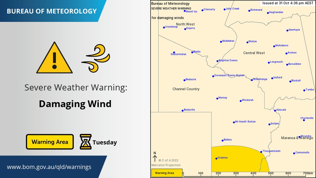 BOM_Qld's tweet photo. ⚠️ Severe weather warning: Damaging west to southwesterly winds developing about far southwest #Qld on Tuesday morning over #Bulloo Shire and the southern #ChannelCountry. Warning details: https://t.co/FBmpsInT9o https://t.co/lDekkUSm2x