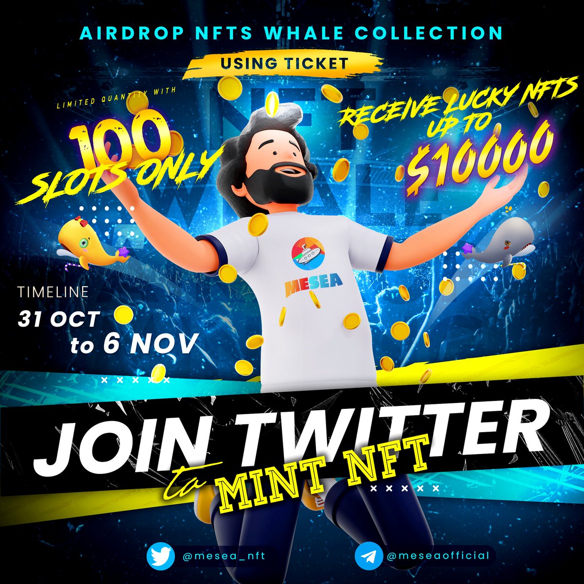 mesea_nft's tweet photo. 🔥#Airdrop 100 TICKET SPIN #NFT #Whale  VALUE $10,000

🎁Random rewards: #NFTs Whale  ($50~$10.000); 0.3BNB; 50 USDT; 5 tickets Spin; 5k PreMes; 50 USDM 

1️⃣Follow @mesea_nft
2️⃣👍 &amp; RT &amp; Tag 3 friends
3️⃣Join telegram https://t.co/9RFA0vYAxi
4️⃣Drop #BNB 🦊 wallet 👇

End 6 NOV ⏰ https://t.co/fn0l4CygNZ