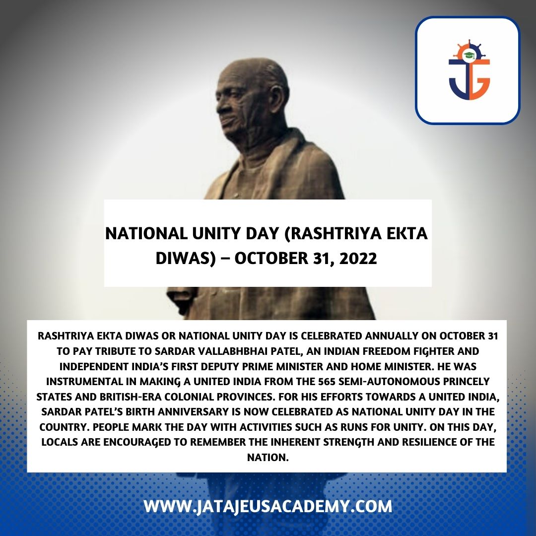 jatajeusacademy's tweet image. National Unity Day, (Rāṣṭrīya ēkatā divas) is celebrated in India on 31 October. It was introduced by the Government of India in 2014.

#nationalunityday2020#october31