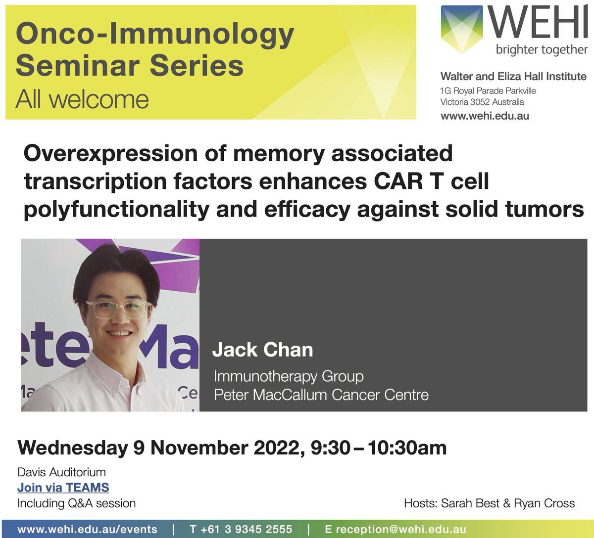 jack_chan15's tweet photo. Hey fam! The folks over at @WEHI_research have kindly invited me to present my work on CAR-T for solid tumours for their Onco-Immunology Seminar series next Weds 9/11 @ 9:30am.

You're welcome to join if you're in the area or you can stream on Teams: https://t.co/c1SZo12M1q https://t.co/jm7gMEovha