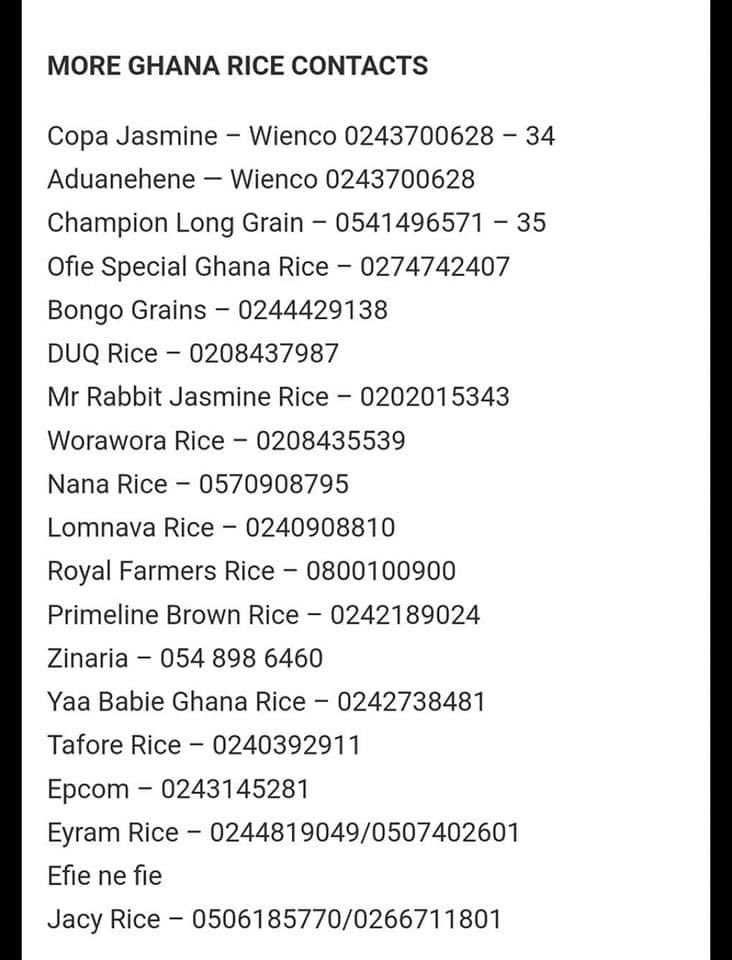 obiMpenaAustine's tweet photo. Fellow Ghanaians please find these local rice distributors and their contacts 
Call them and get yours as we follow the President's plan to reduce our rice imports 
Please retweet for others to see https://t.co/PQvNGnE2A0