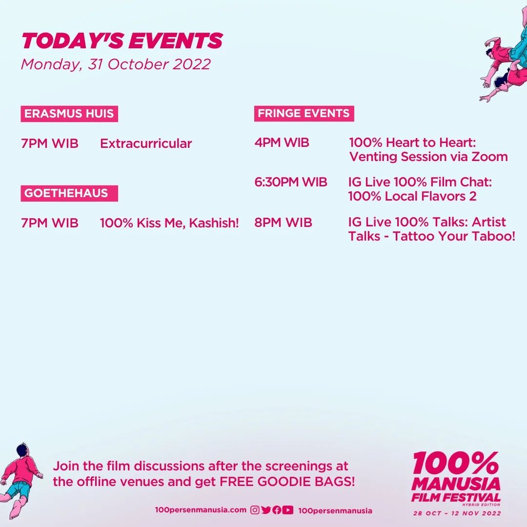 100prsenmanusia's tweet photo. (31/10) #100PMFF2022 Today's Screenings and Events! π¬
Don't forget to join the film discussion after the screening at offline venues and win free goodie bags!
#100PersenManusia #FilmFestival #HumanRights #ChangeMakers #InfoEvent #EventJakarta #EventOnline https://t.co/3NVWHu7OyK