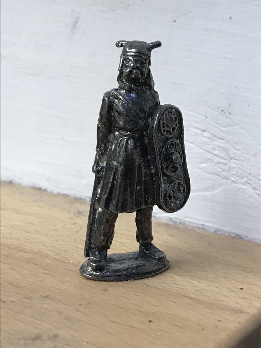 From when Kinder egg surprises were both surprising and worth having… c.1980s
British Iron Age warrior, in metal, with Battersea shield, Waterloo Bridge helmet, and indistinct torc. The horns are a bit droopy; I think he’s been dropped a few times.